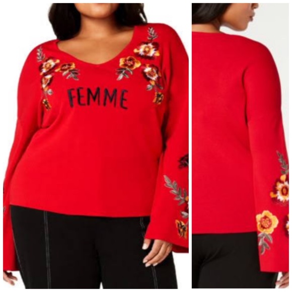INC Red Embroidered Bell Sleeve Femme Sweater Plus Size 1X 2X 3X - Picture 1 of 6